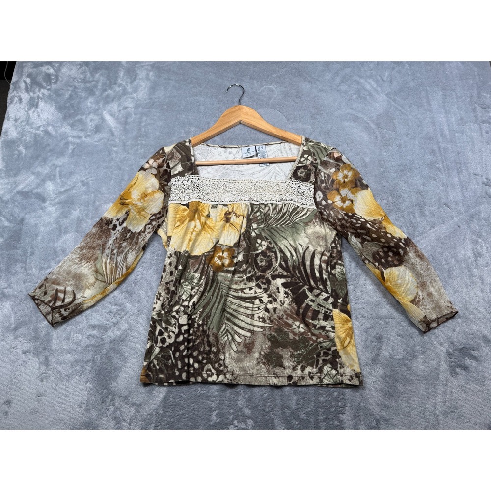 Caribbean Joe Blouse Top Womens Small Green Tropical Print Lace Trim Square Neck